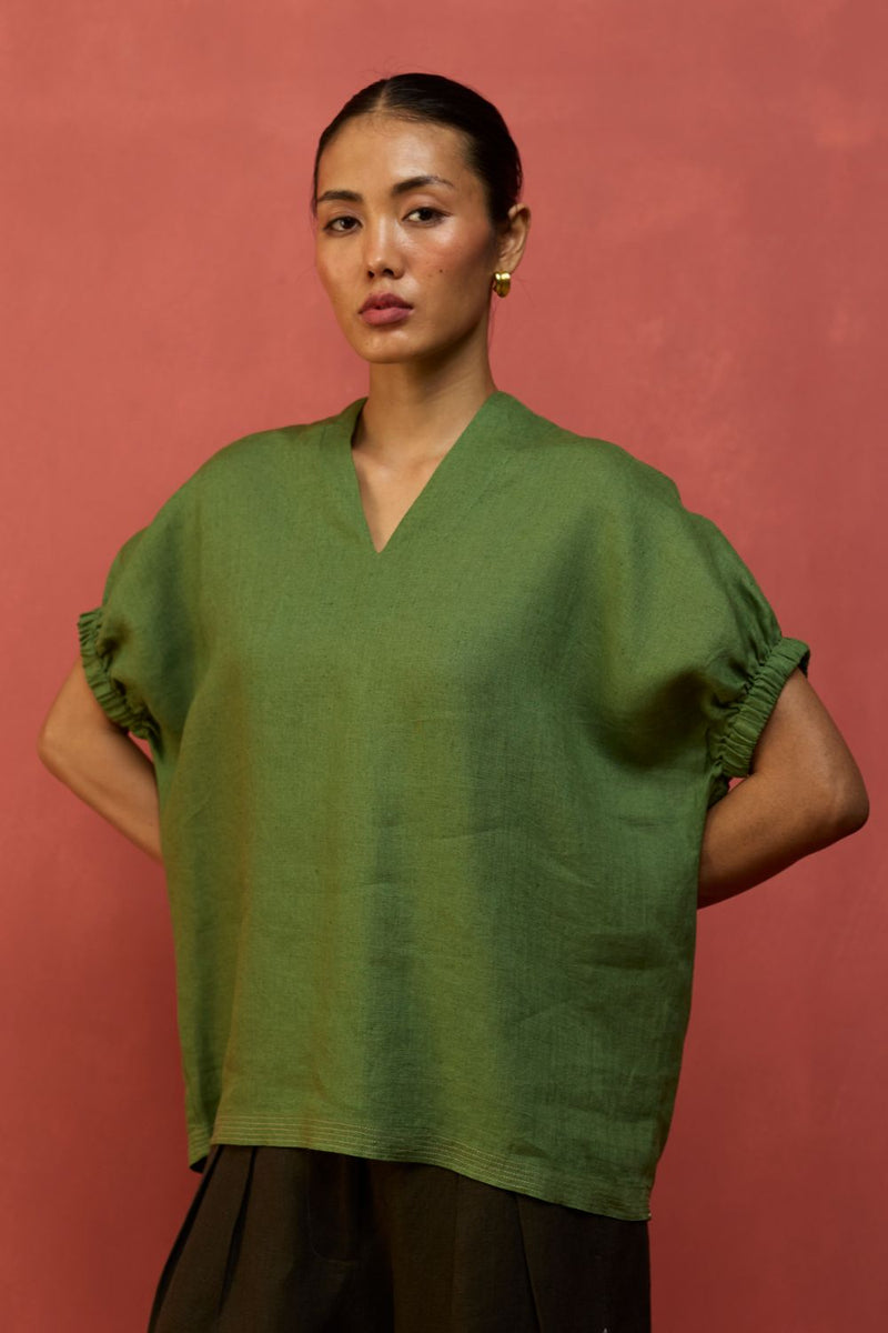 Hoshi Linen Top - Fern Green by Manan for in Singapore