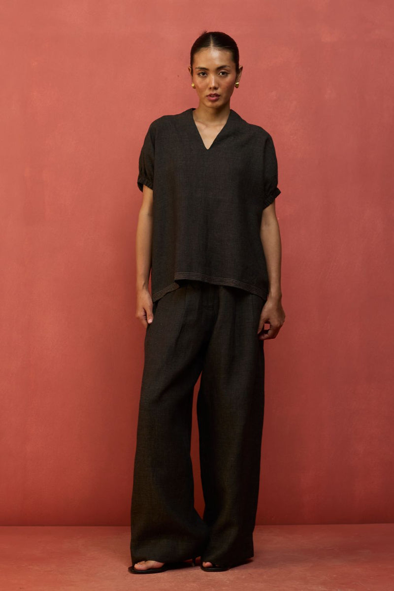Hoshi Linen Top - Charcoal by Manan for in Singapore