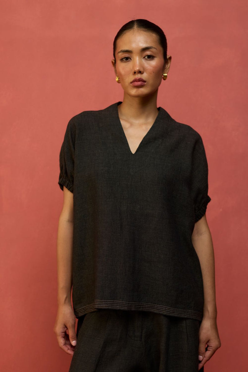 Hoshi Linen Top - Charcoal by Manan for in Singapore