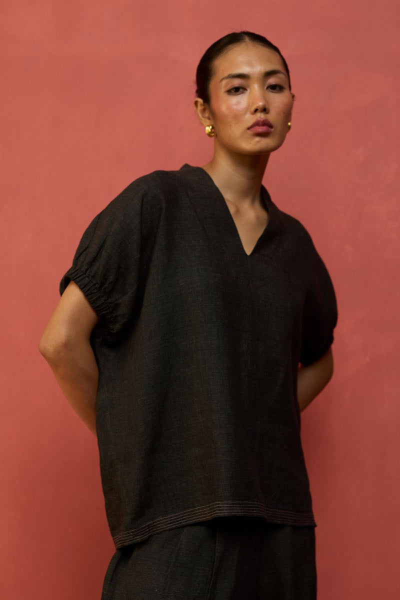 Hoshi Linen Top - Charcoal by Manan for in Singapore