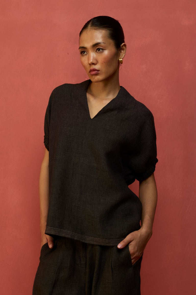 Hoshi Linen Top - Charcoal by Manan for in Singapore