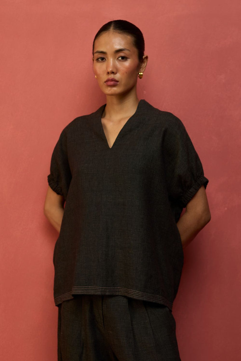 Hoshi Linen Top - Charcoal by Manan for in Singapore
