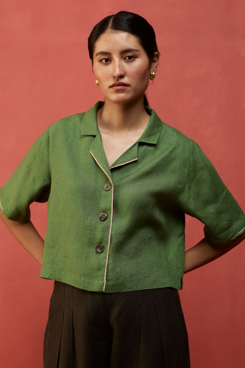 Kiera Cuban Collar Linen Shirt - Fern Green by Manan for in Singapore