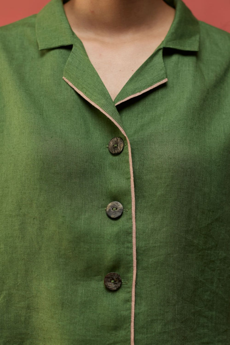 Kiera Cuban Collar Linen Shirt - Fern Green by Manan for in Singapore