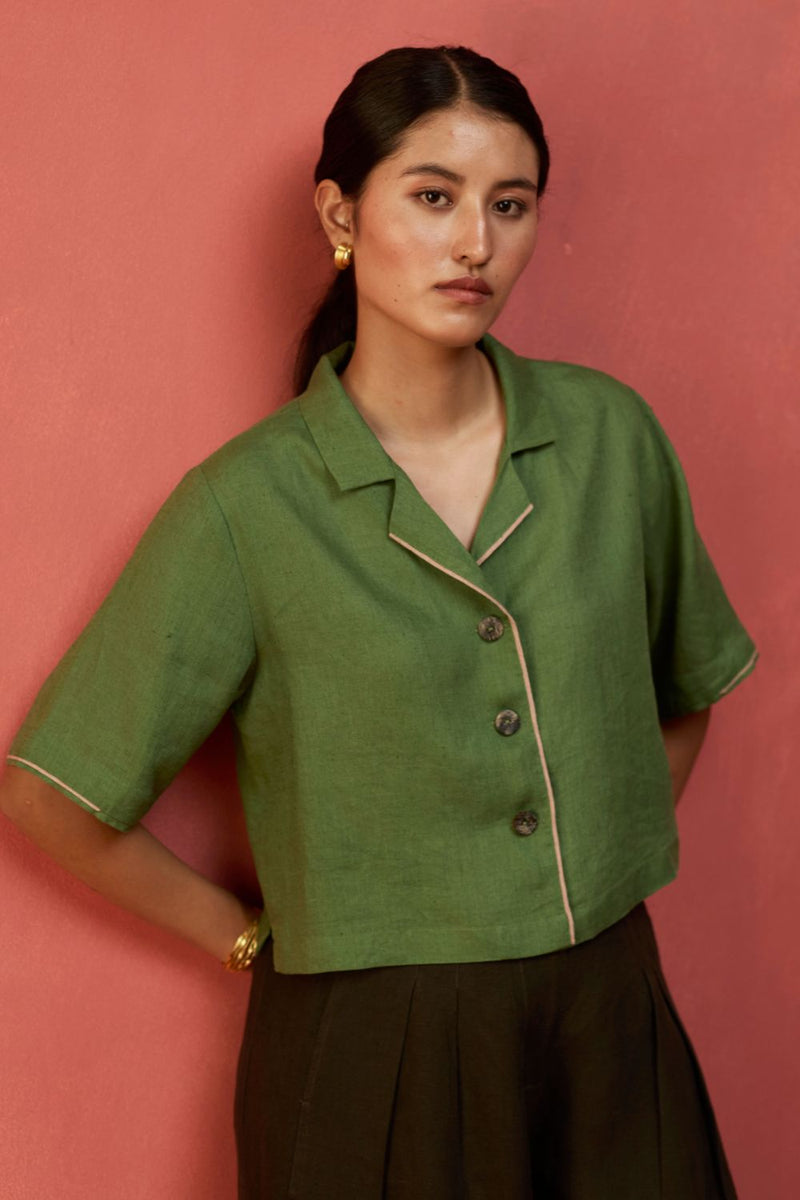 Kiera Cuban Collar Linen Shirt - Fern Green by Manan for in Singapore