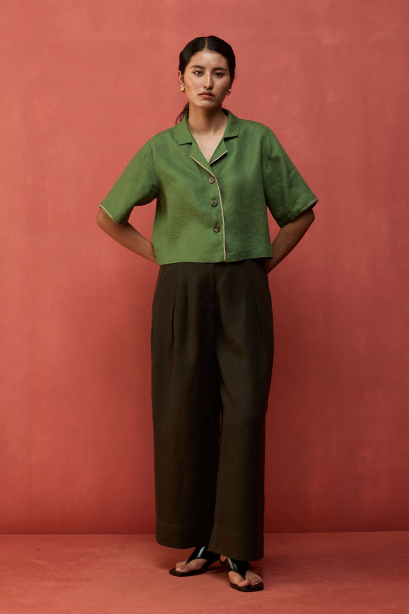 Kiera Cuban Collar Linen Shirt - Fern Green by Manan for in Singapore