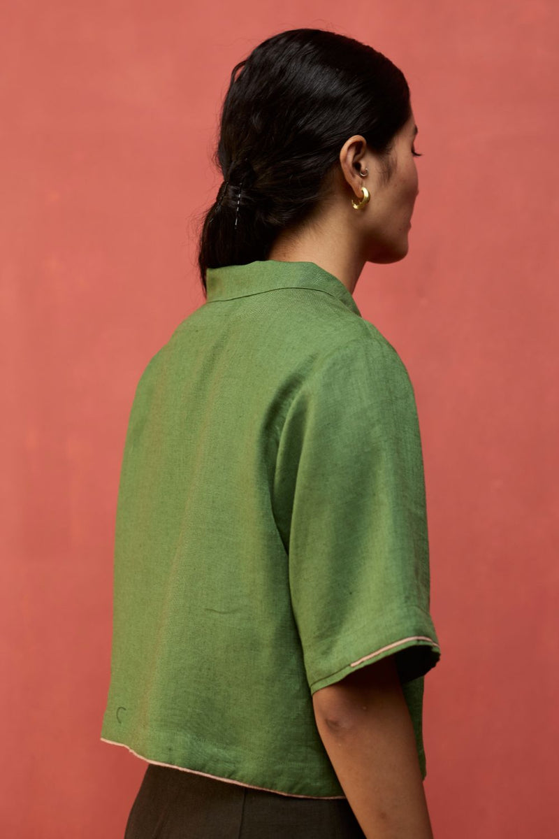 Kiera Cuban Collar Linen Shirt - Fern Green by Manan for in Singapore
