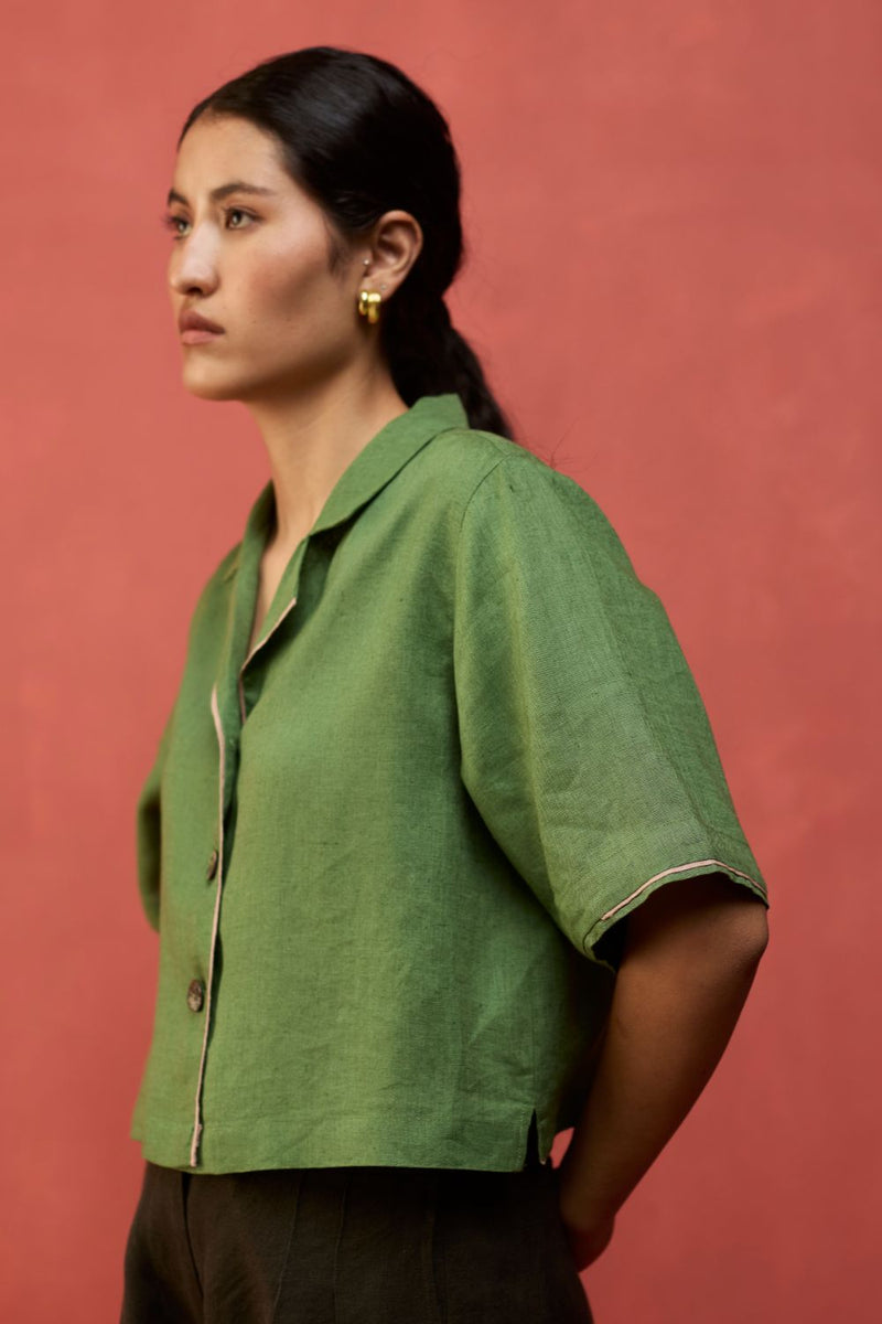 Kiera Cuban Collar Linen Shirt - Fern Green by Manan for in Singapore