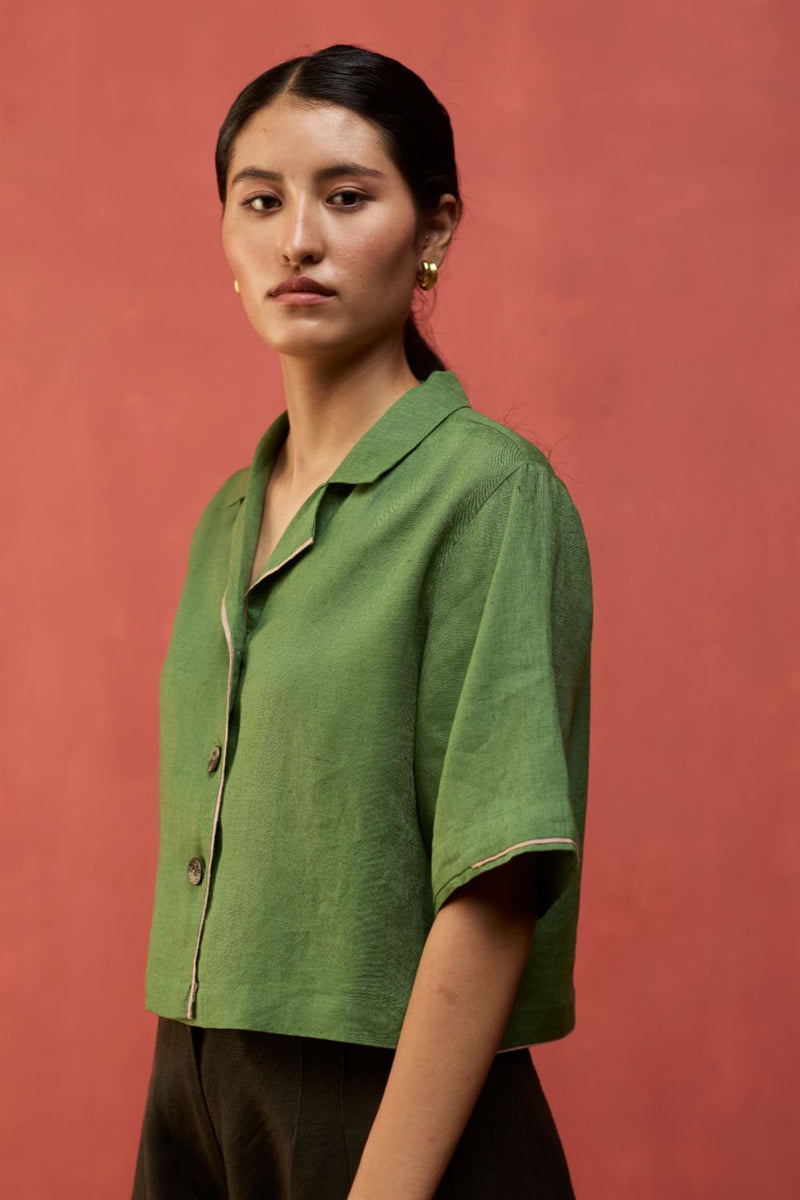 Kiera Cuban Collar Linen Shirt - Fern Green by Manan for in Singapore