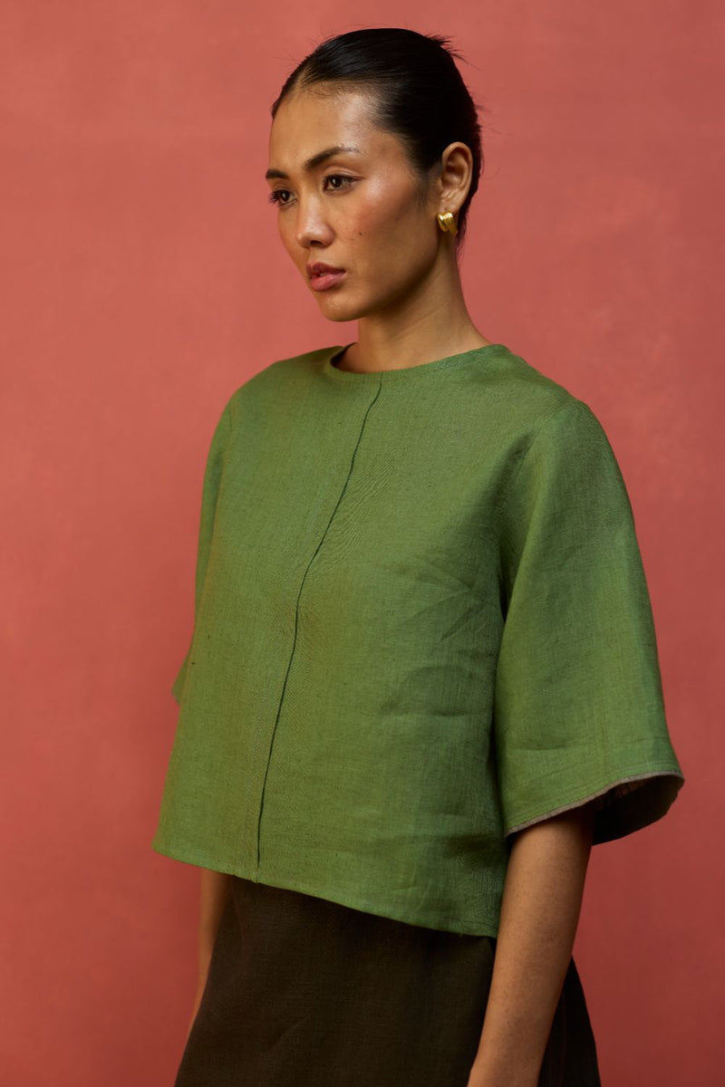 Mariko Cropped Linen Top - Fern Green by Manan for in Singapore