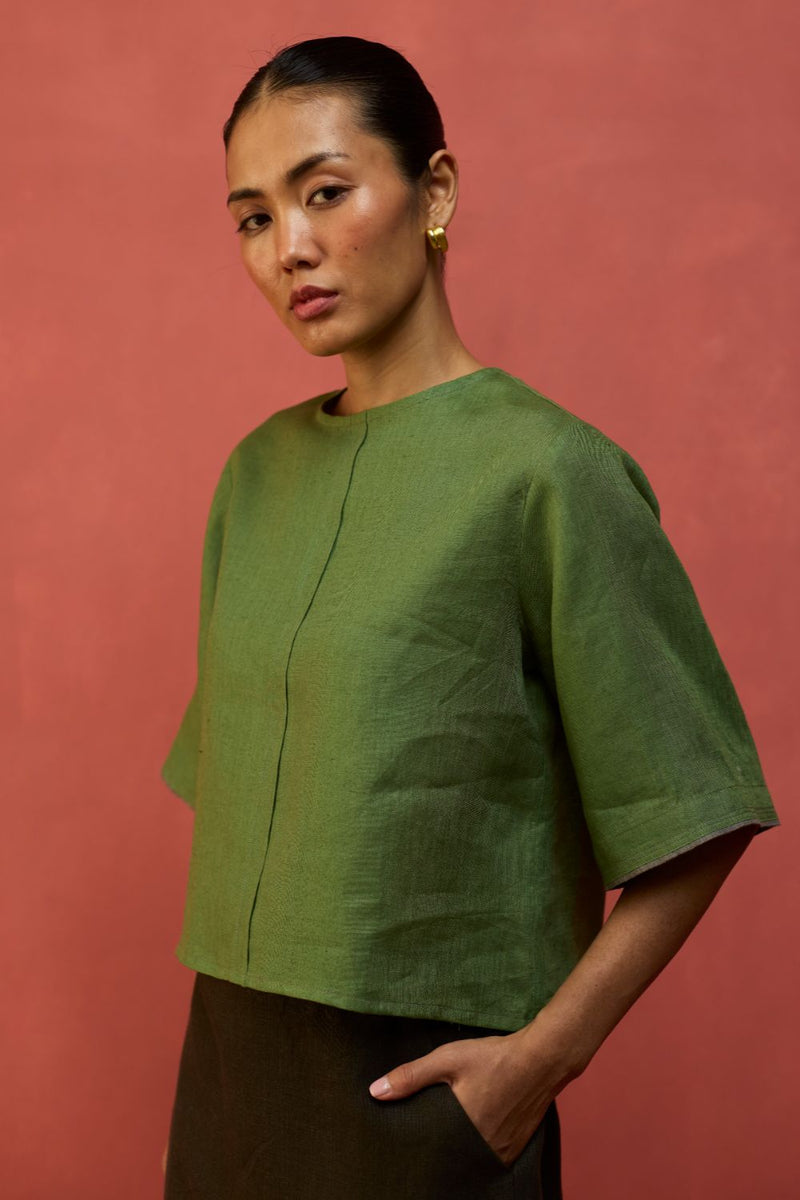 Mariko Cropped Linen Top - Fern Green by Manan for in Singapore