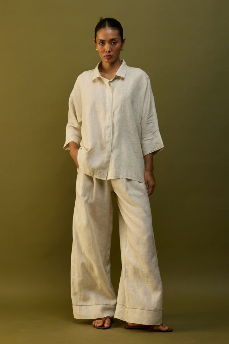 Sumire Curved Hem Linen Top - Off White linen by Manan in ivory color for women in Singapore