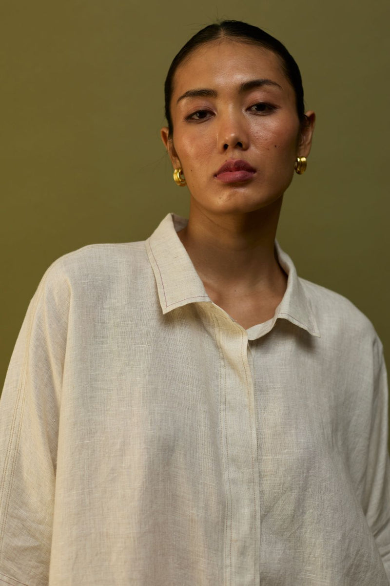 Sumire Curved Hem Linen Top - Off White linen by Manan in ivory color for women in Singapore