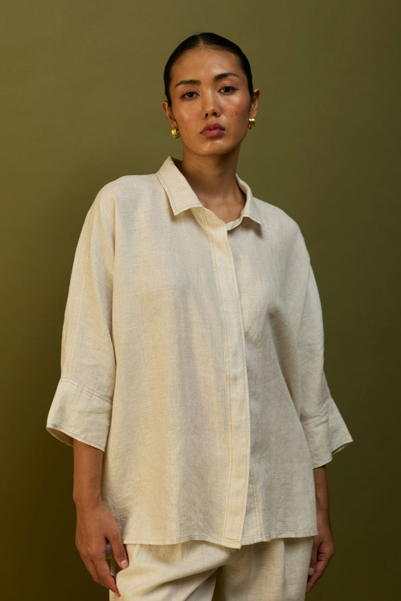 Sumire Curved Hem Linen Top - Off White linen by Manan in ivory color for women in Singapore