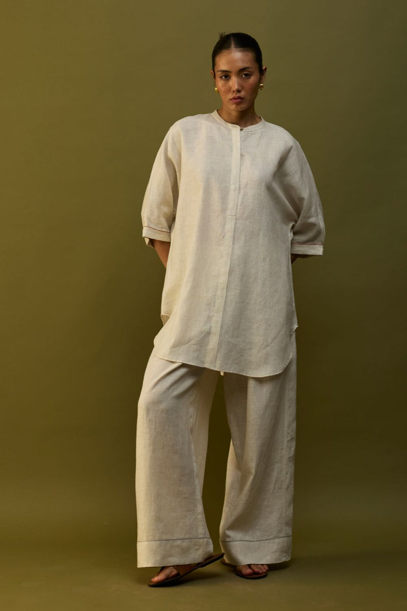 Sumire Curved Hem Linen Top - Off White linen by Manan in ivory color for women in Singapore