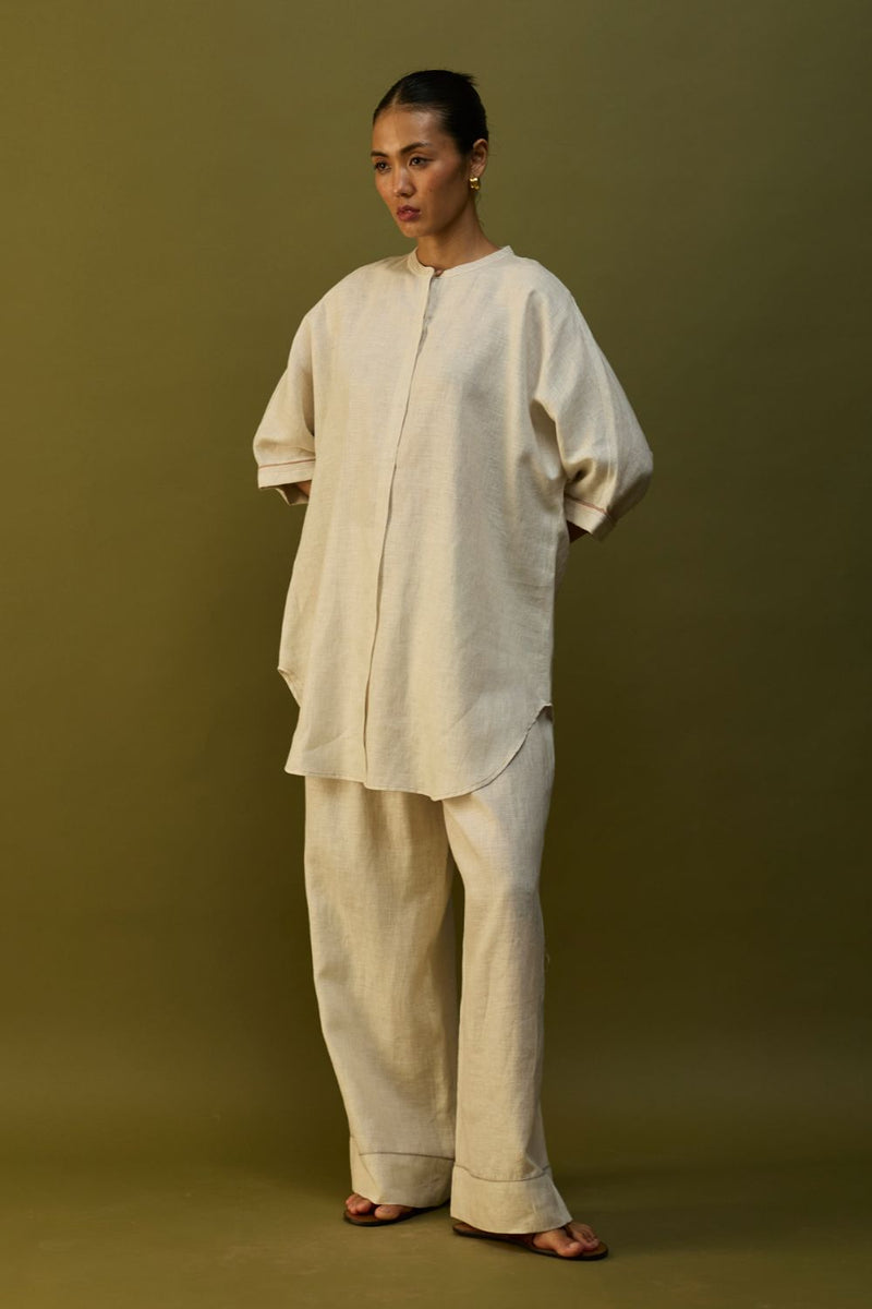Sumire Curved Hem Linen Top - Off White linen by Manan in ivory color for women in Singapore