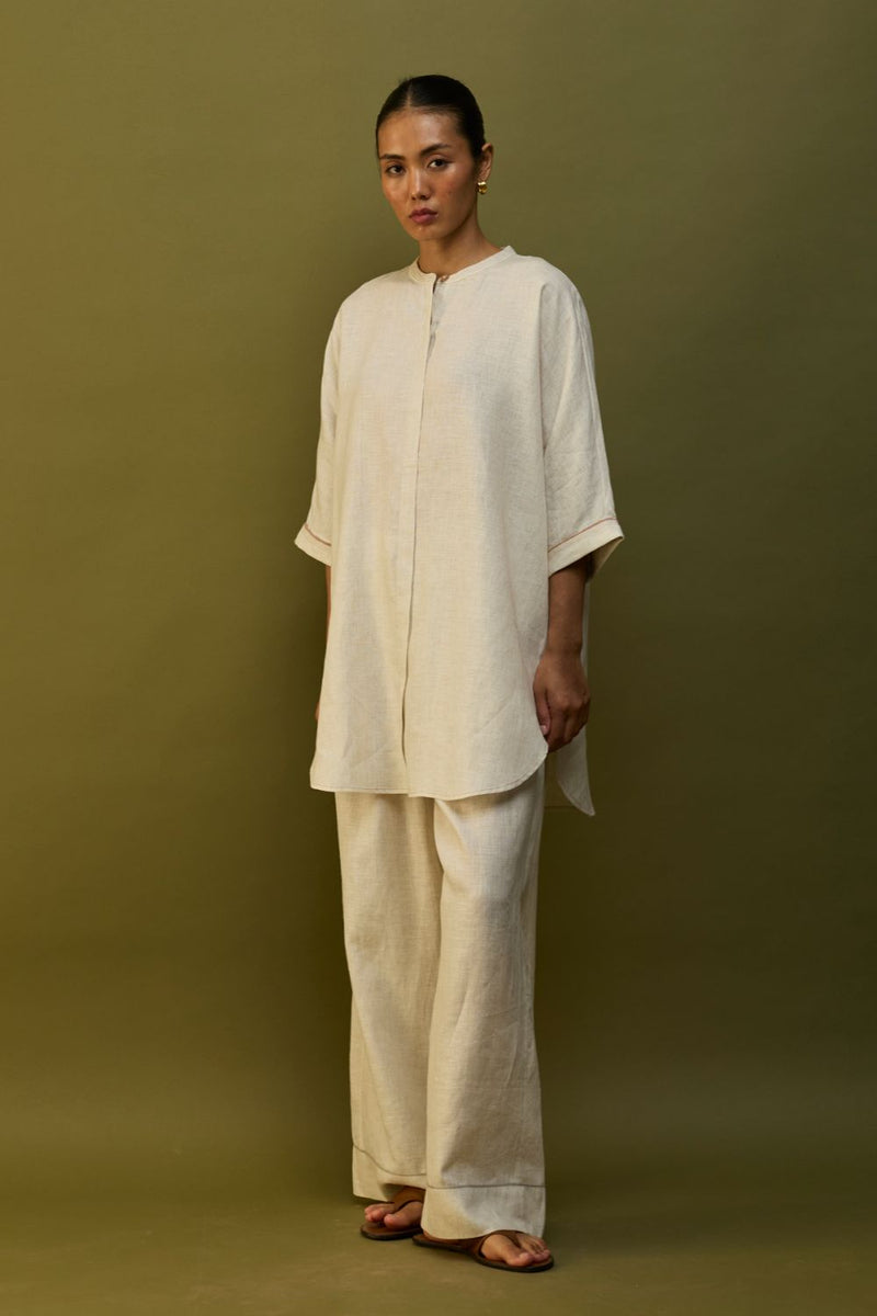 Sumire Curved Hem Linen Top - Off White linen by Manan in ivory color for women in Singapore