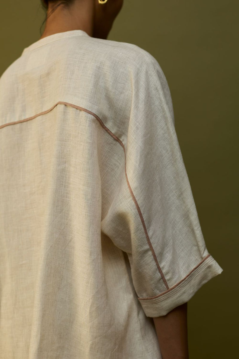 Sumire Curved Hem Linen Top - Off White linen by Manan in ivory color for women in Singapore