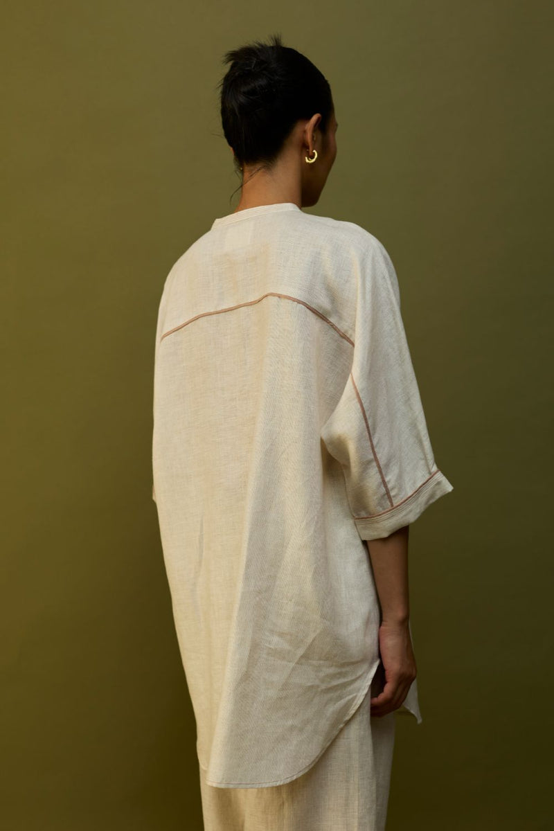 Sumire Curved Hem Linen Top - Off White linen by Manan in ivory color for women in Singapore