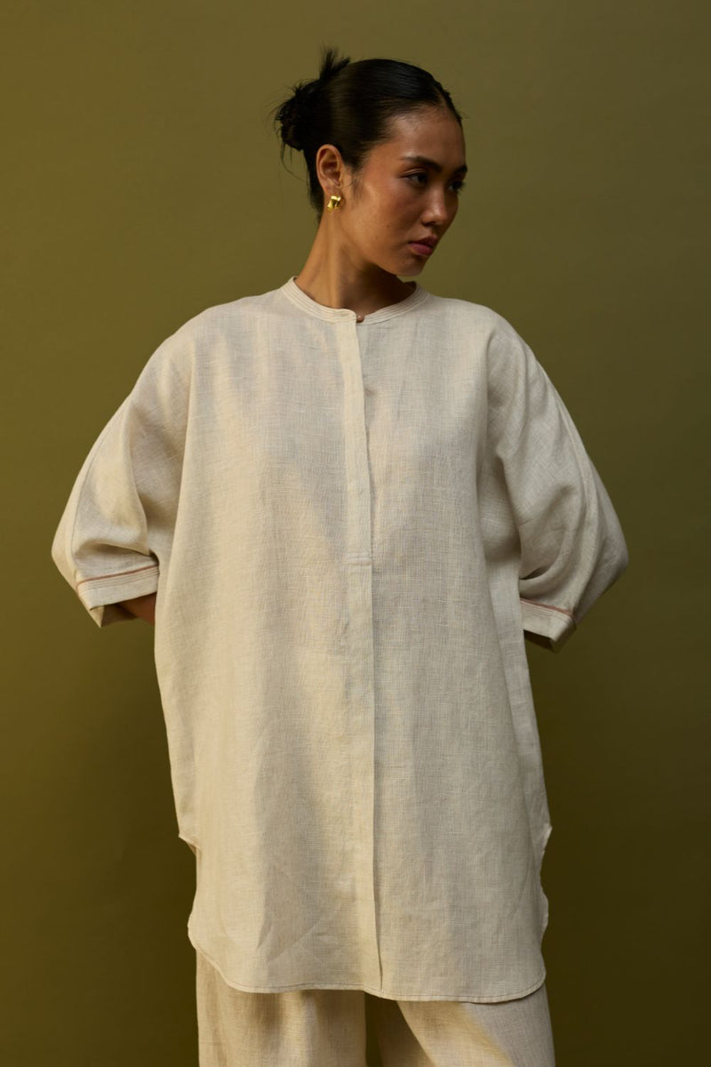 Sumire Curved Hem Linen Top - Off White linen by Manan in ivory color for women in Singapore
