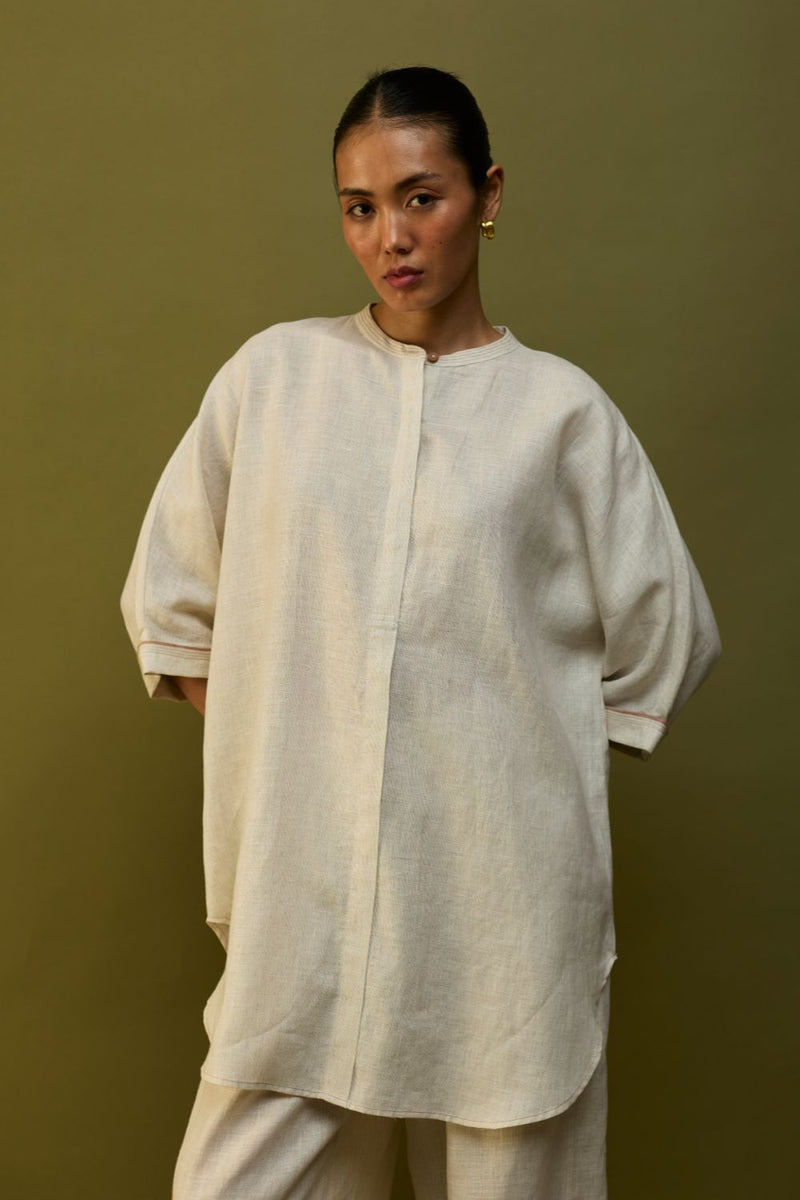Sumire Curved Hem Linen Top - Off White linen by Manan in ivory color for women in Singapore