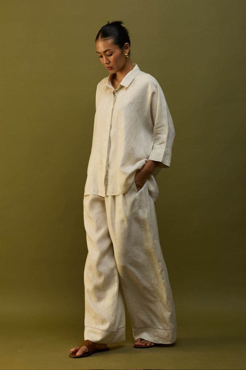 Sumire Curved Hem Linen Top - Off White linen by Manan in ivory color for women in Singapore