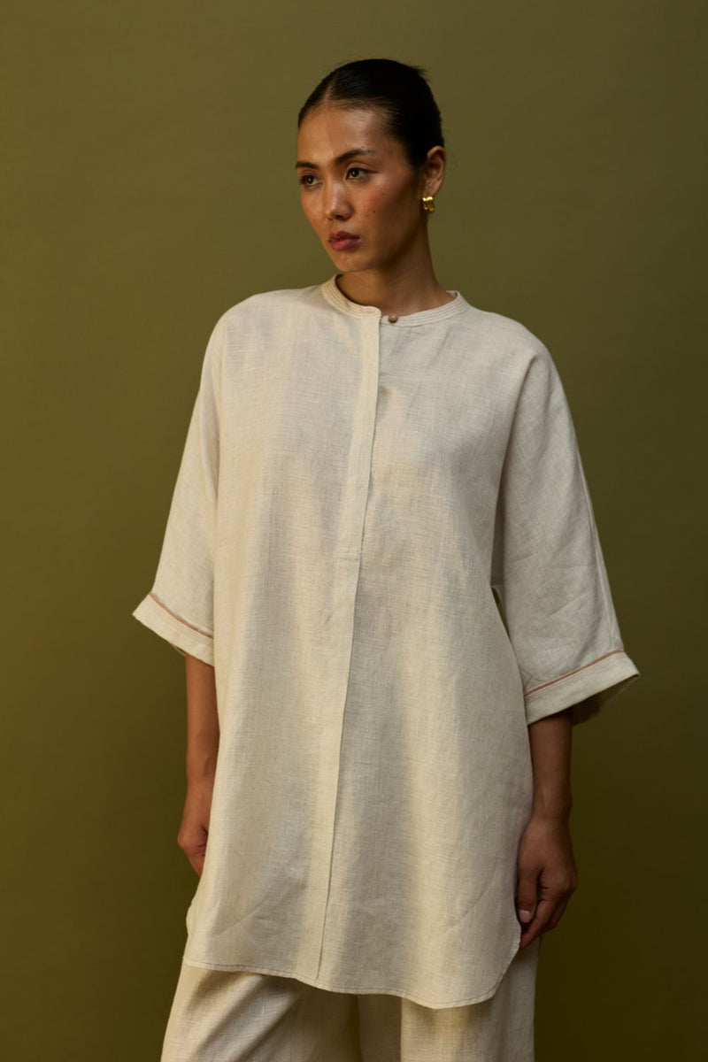 Sumire Curved Hem Linen Top - Off White linen by Manan in ivory color for women in Singapore