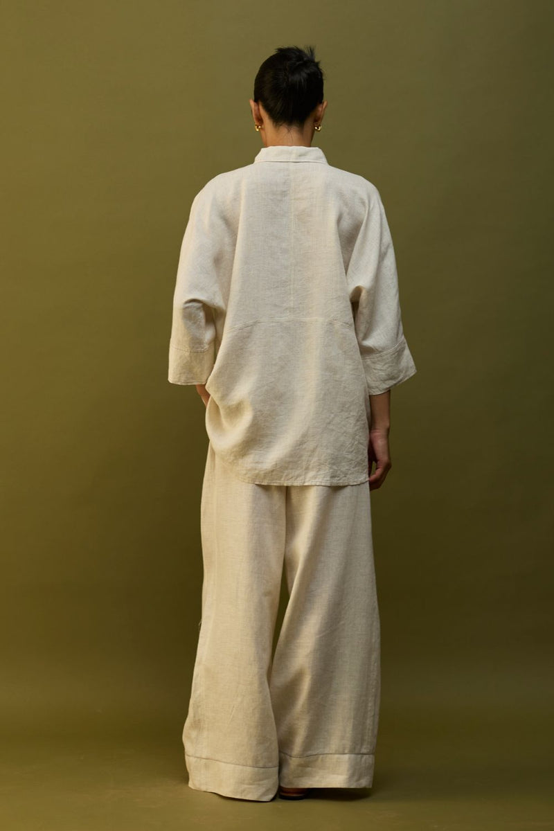 Sumire Curved Hem Linen Top - Off White linen by Manan in ivory color for women in Singapore