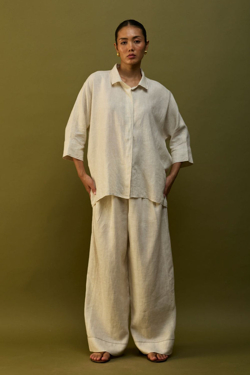 Sumire Curved Hem Linen Top - Off White linen by Manan in ivory color for women in Singapore
