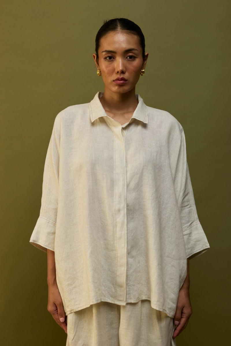 Sumire Curved Hem Linen Top - Off White linen by Manan in ivory color for women in Singapore