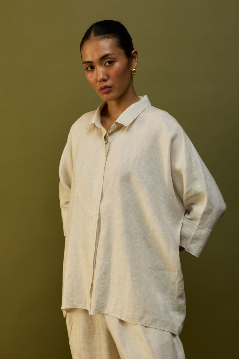 Sumire Curved Hem Linen Top - Off White linen by Manan in ivory color for women in Singapore