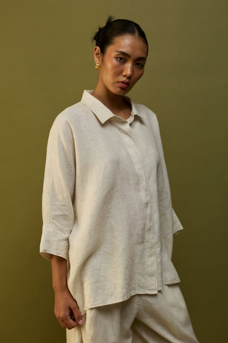 Sumire Curved Hem Linen Top - Off White linen by Manan in ivory color for women in Singapore