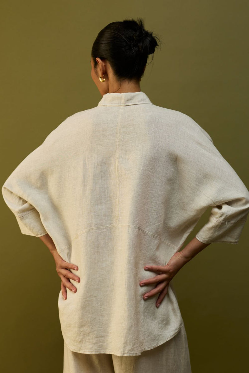 Sumire Curved Hem Linen Top - Off White linen by Manan in ivory color for women in Singapore