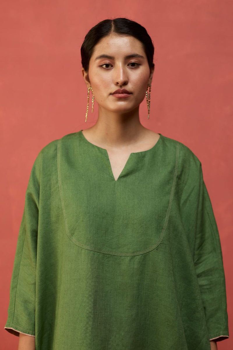 Etsu Yoke Linen Kurta - Fern Green linen by Manan in green color for women in Singapore
