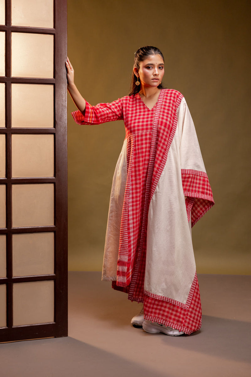 Ardor Panelled Dress + Palazzo + Dupatta (Set) cotton, gamcha co-ord set by 145 East in red, white for women in Singapore