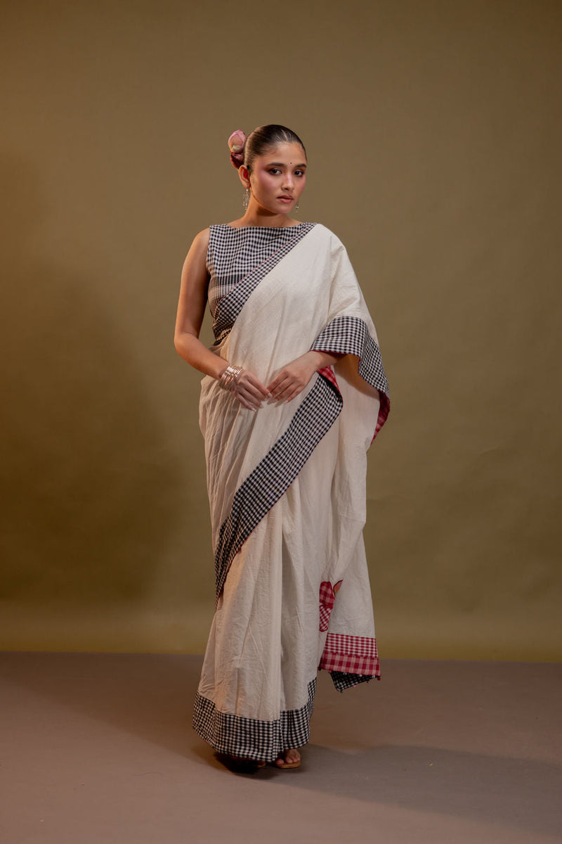 Hibiscus Reversible Saree cotton, gamcha saree by 145 East in red, black, white for women in Singapore