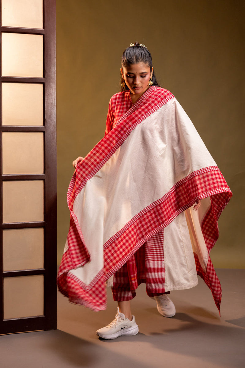 Ardor Panelled Dress + Palazzo + Dupatta (Set) cotton, gamcha co-ord set by 145 East in red, white for women in Singapore