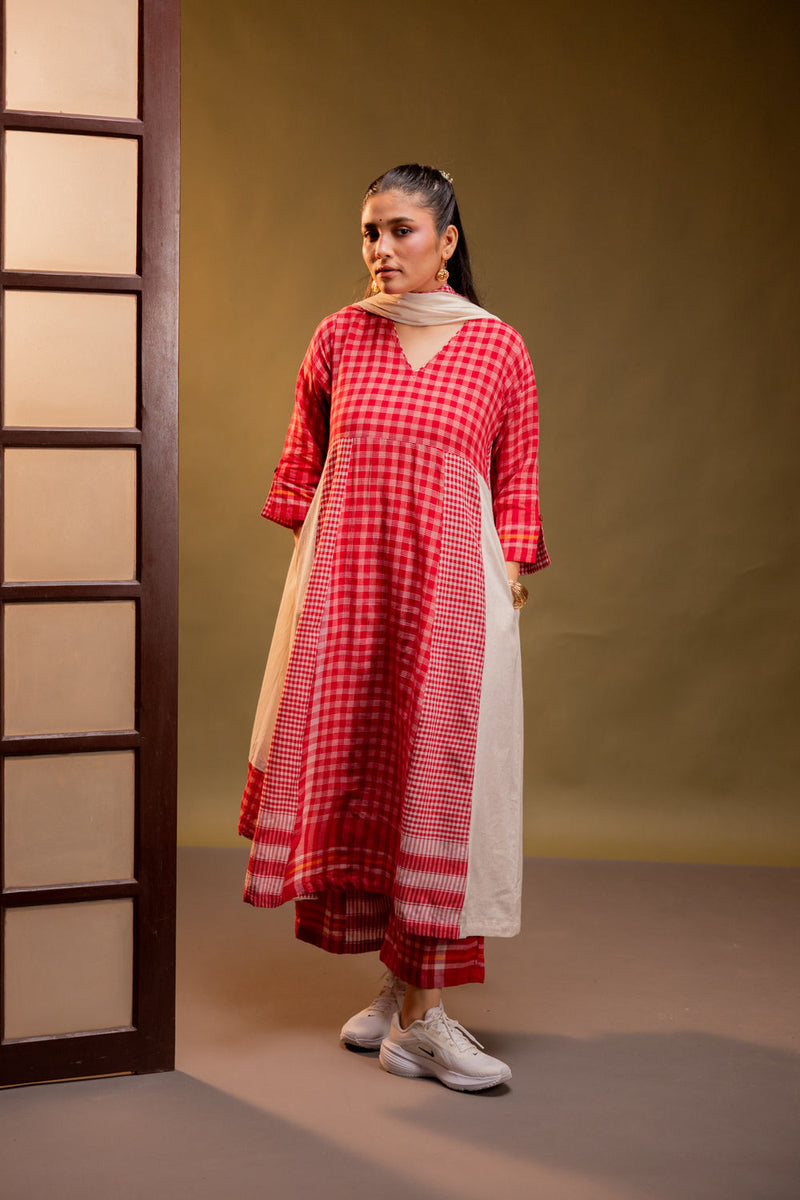 Ardor Panelled Dress + Palazzo + Dupatta (Set) cotton, gamcha co-ord set by 145 East in red, white for women in Singapore