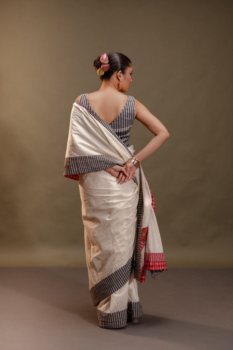 Hibiscus Reversible Saree cotton, gamcha saree by 145 East in red, black, white for women in Singapore