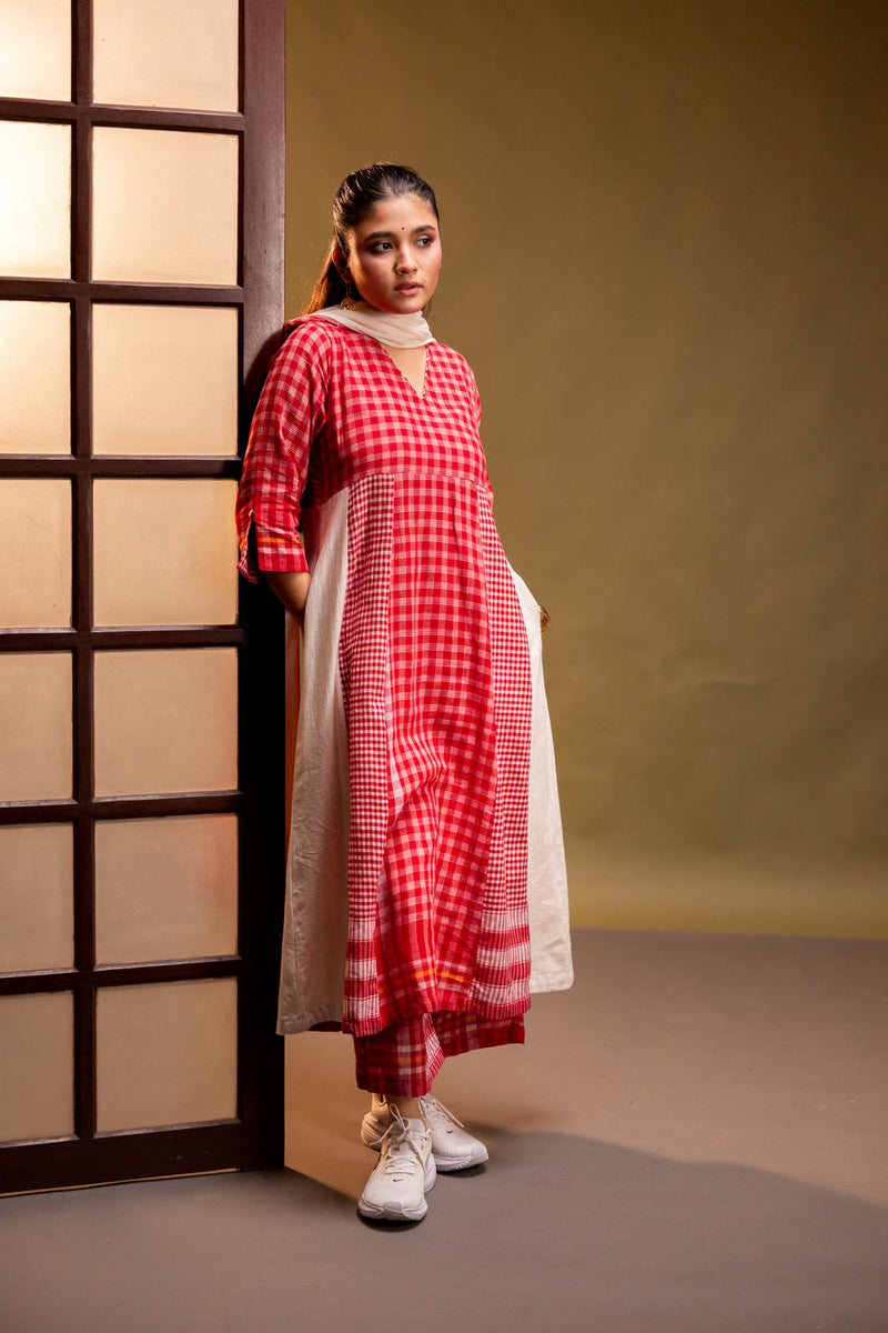 Ardor Panelled Dress + Palazzo + Dupatta (Set) cotton, gamcha co-ord set by 145 East in red, white for women in Singapore