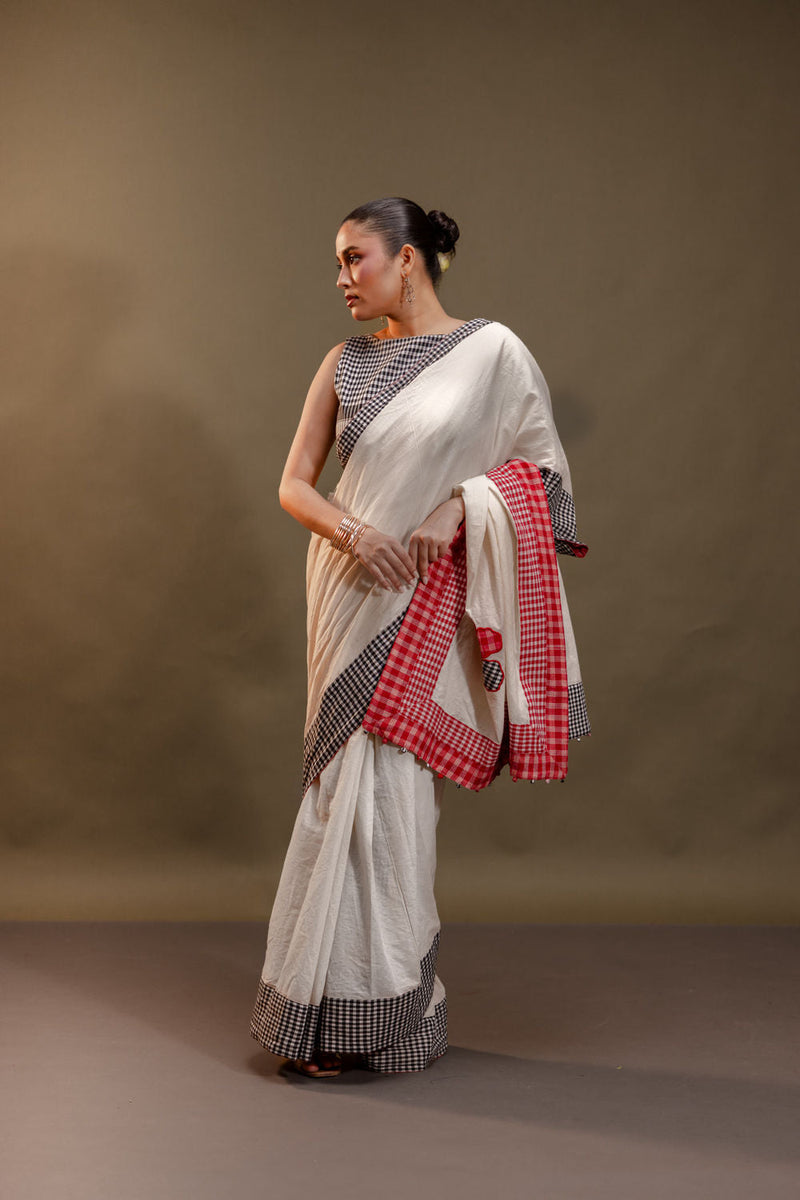 Hibiscus Reversible Saree cotton, gamcha saree by 145 East in red, black, white for women in Singapore
