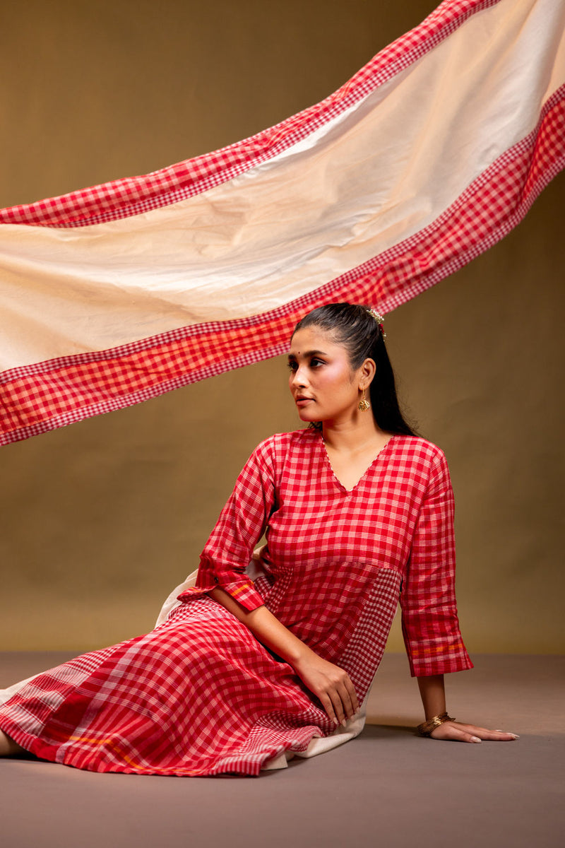 Ardor Panelled Dress + Palazzo + Dupatta (Set) cotton, gamcha co-ord set by 145 East in red, white for women in Singapore
