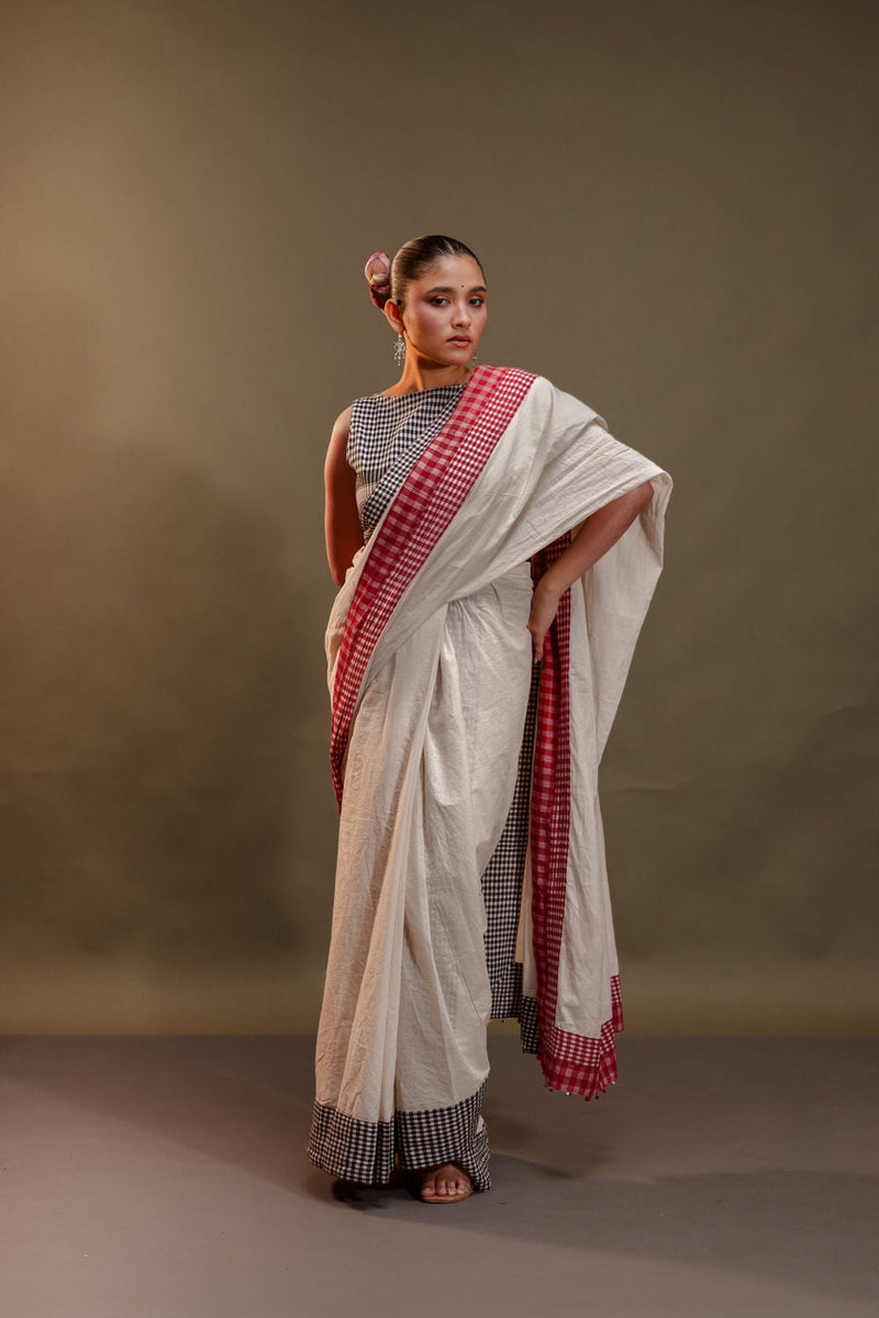 Hibiscus Reversible Saree cotton, gamcha saree by 145 East in red, black, white for women in Singapore