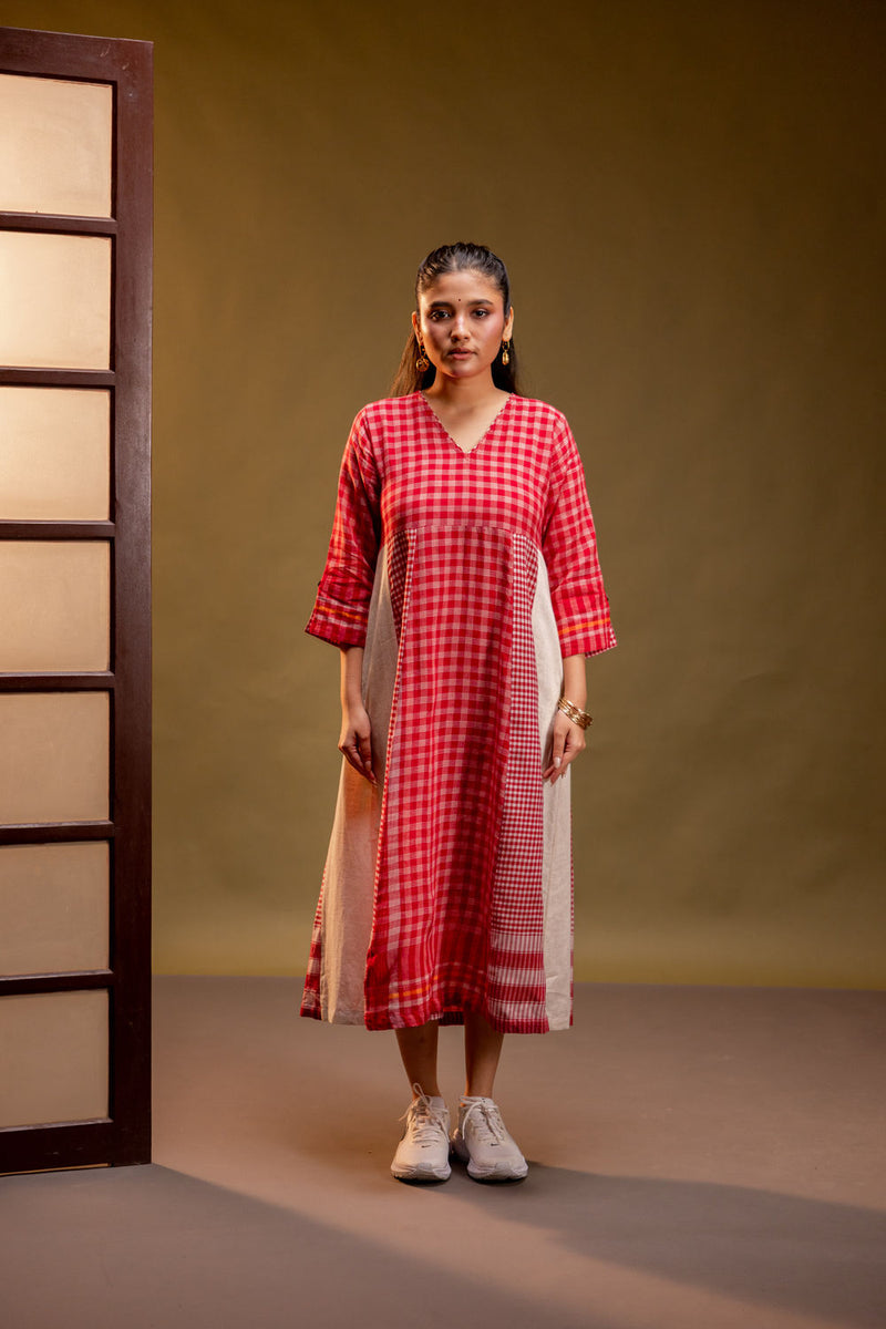 Ardor Panelled Dress cotton, gamcha dress by 145 East in red, white for women in Singapore