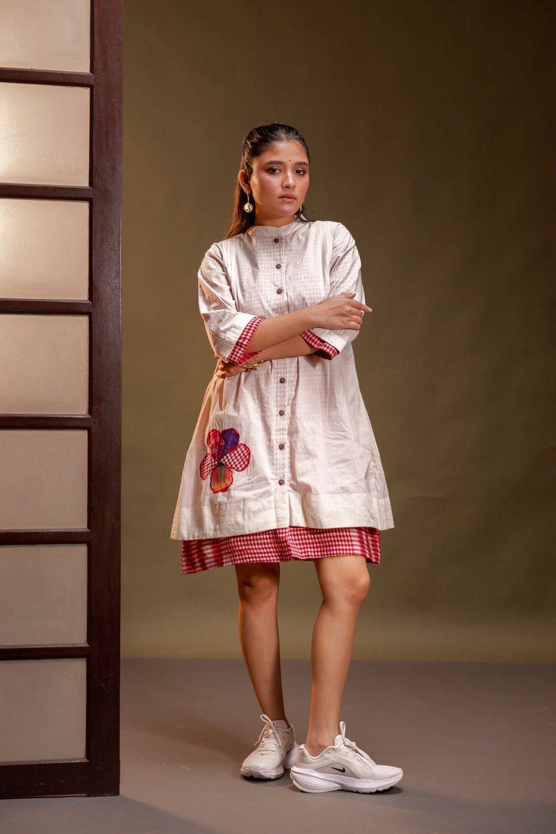 Raindance Dress cotton, gamcha dress by 145 East in red, white for women in Singapore