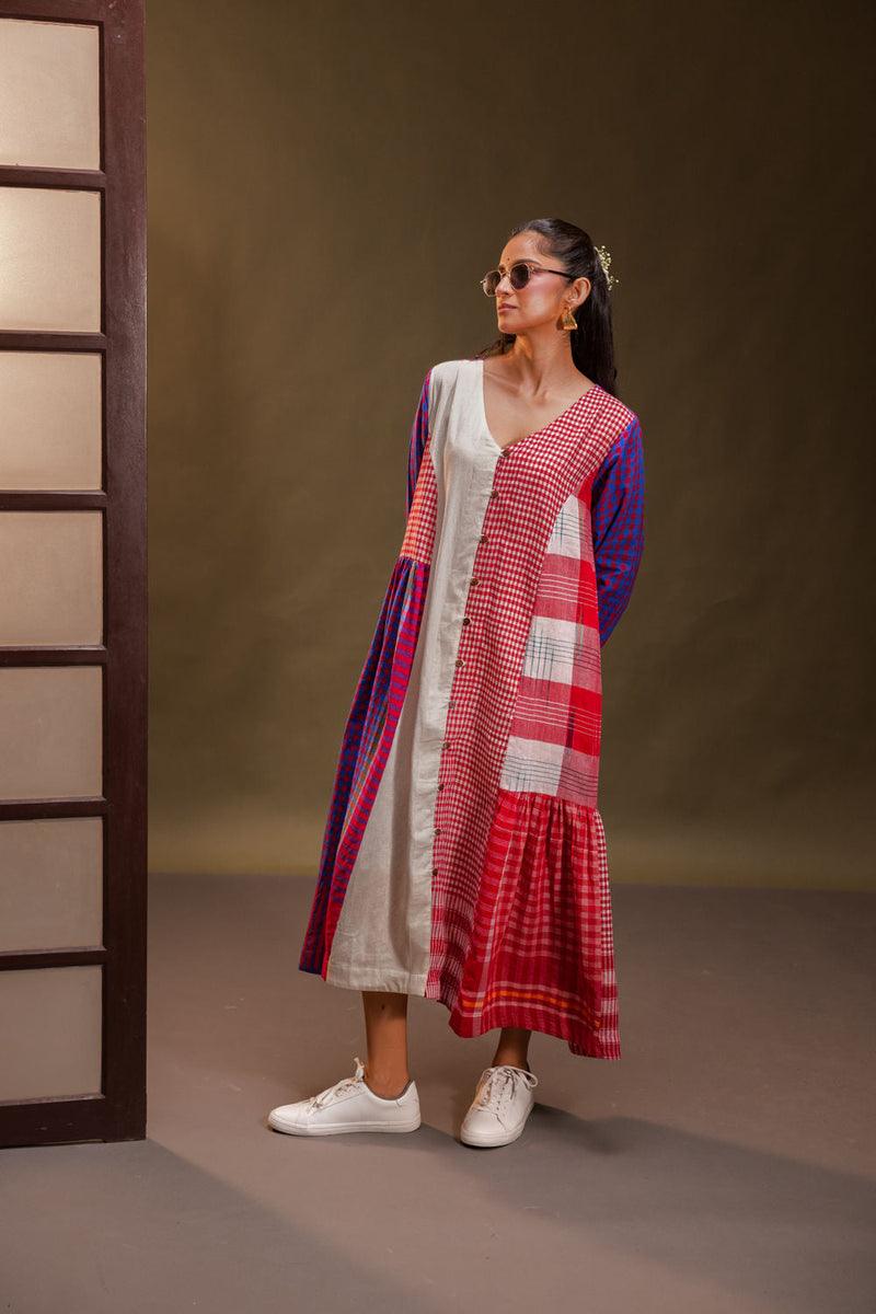 Vera Dress cotton, gamcha dress by 145 East in red, white, purple for women in Singapore