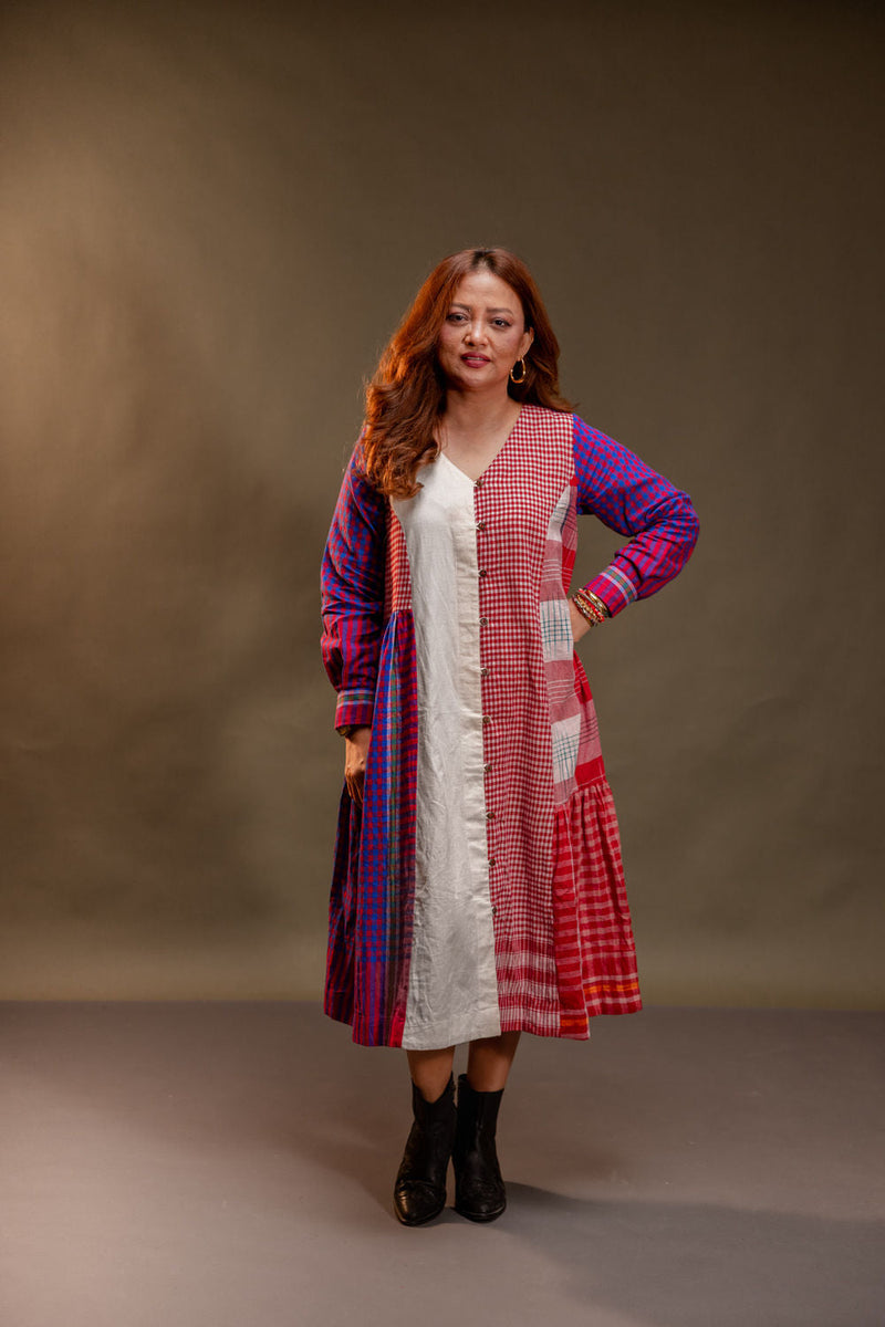 Vera Dress cotton, gamcha dress by 145 East in red, white, purple for women in Singapore