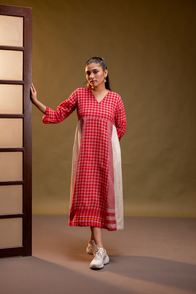 Ardor Panelled Dress cotton, gamcha dress by 145 East in red, white for women in Singapore