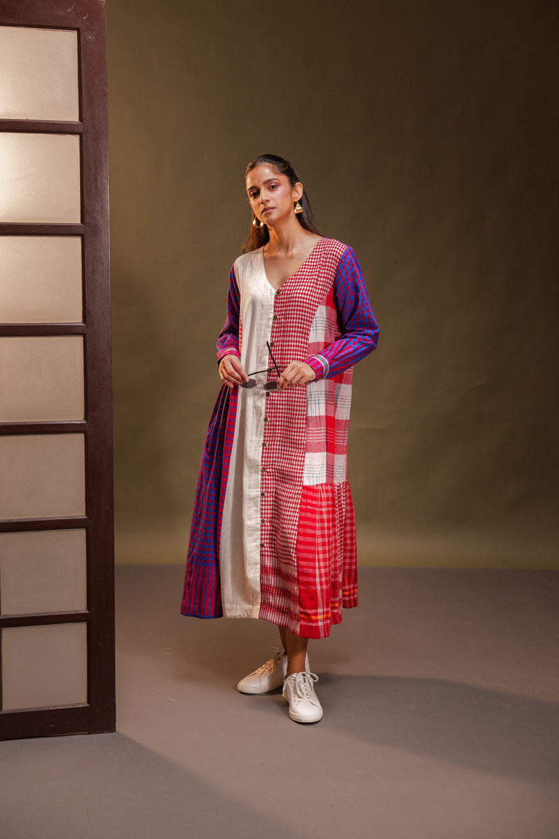 Vera Dress cotton, gamcha dress by 145 East in red, white, purple for women in Singapore