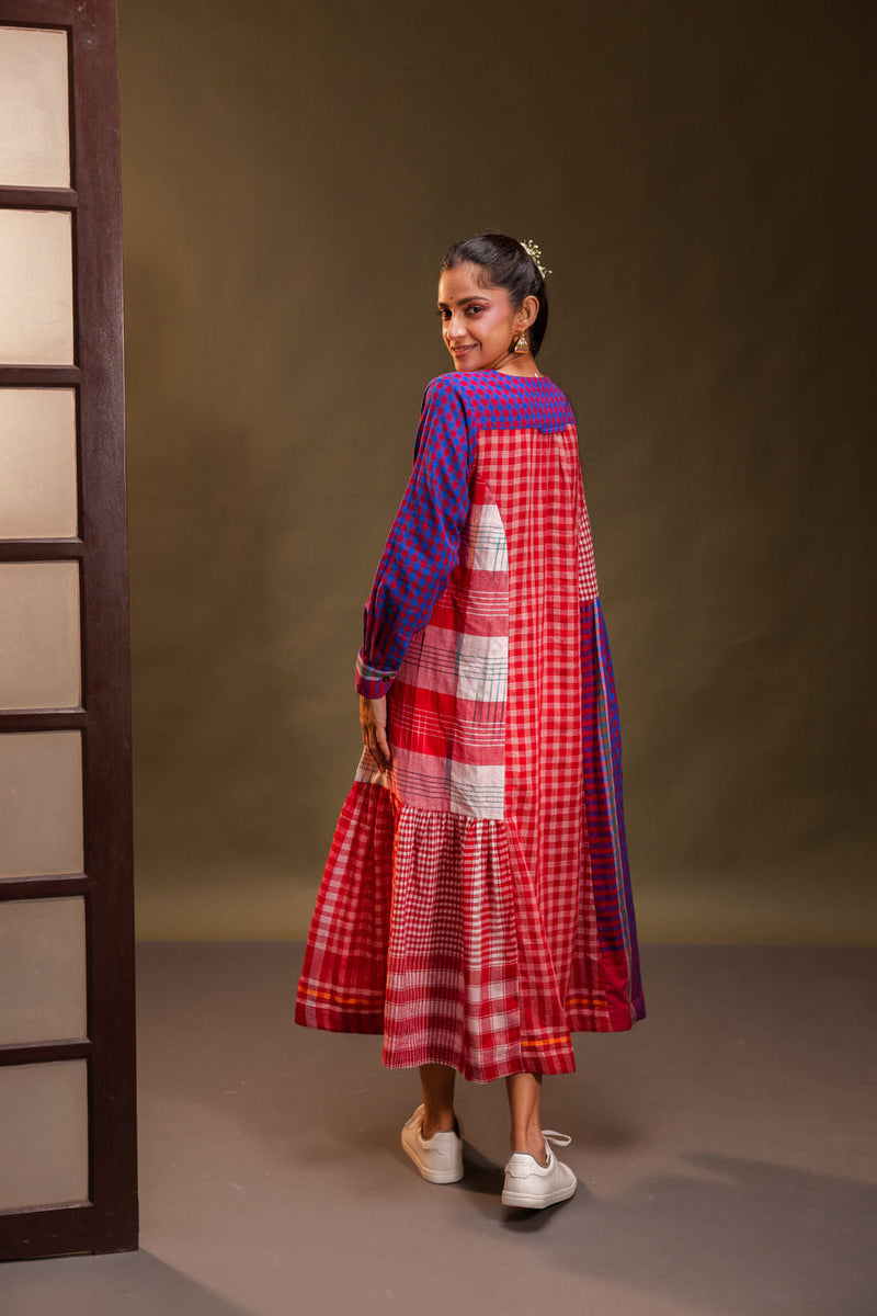 Vera Dress cotton, gamcha dress by 145 East in red, white, purple for women in Singapore